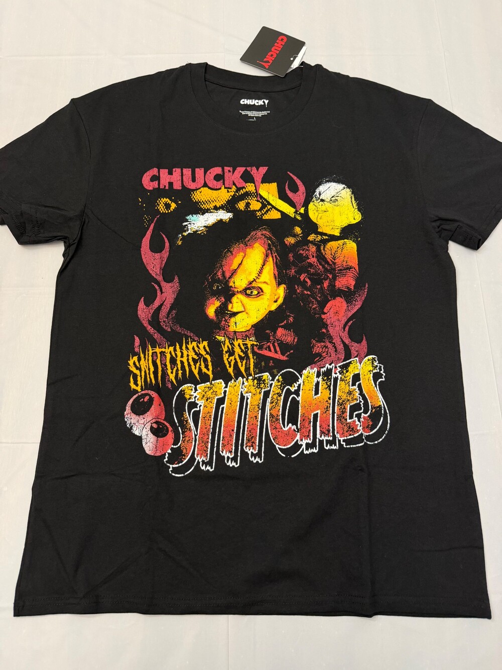 Chucky Snitches Get Stitches Large Black Cotton Polyester T-Shirt